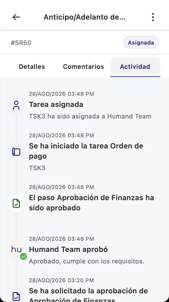 Detalle de una solicitud en la app