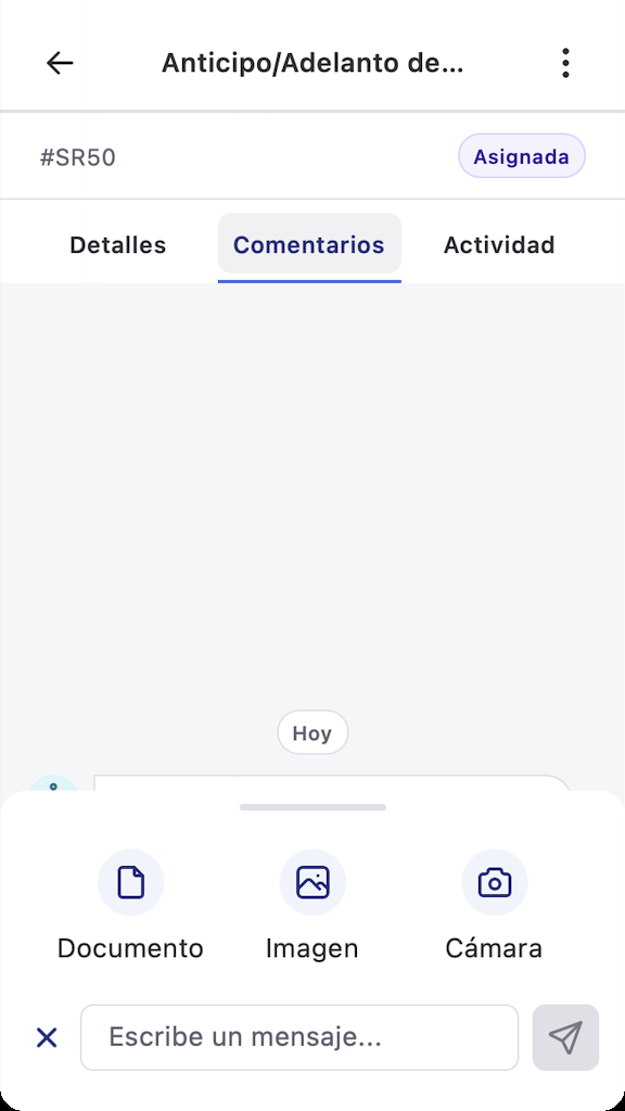 Menú para adjuntar archivos o imágenes en la app