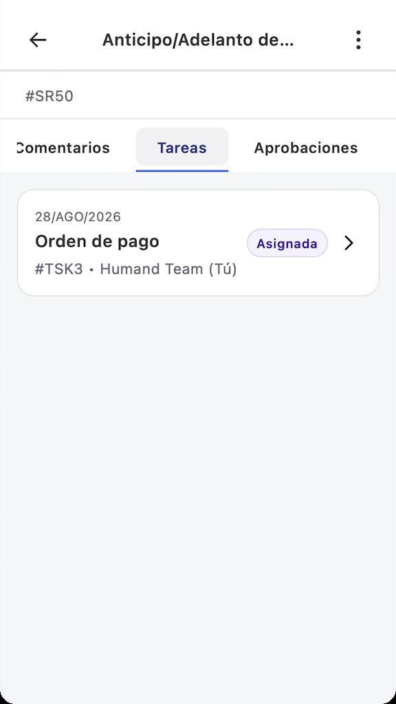 Listado de tareas asignadas en la app
