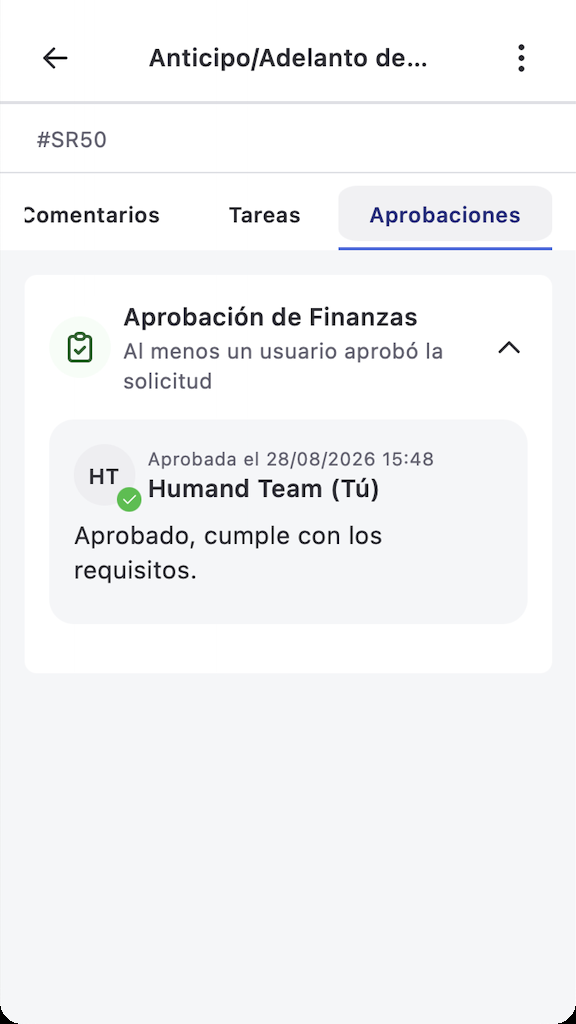 Confirmación de aprobación en la app
