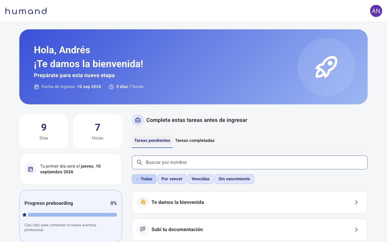 Pantalla de Pre-boarding con cuenta regresiva, progreso y listado de tareas pendientes