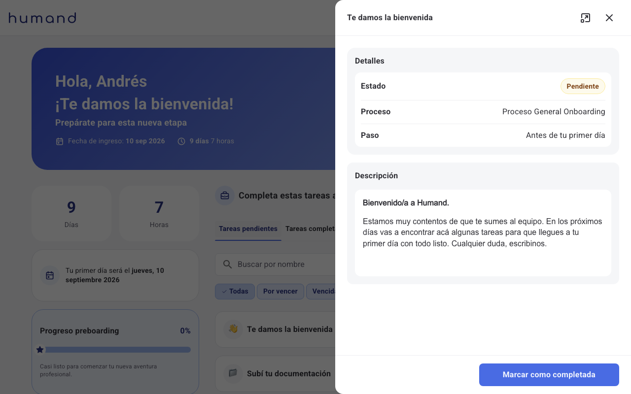Detalle de una tarea de Pre-boarding con su descripción y el botón Marcar como completada