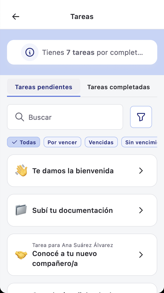 Listado de tareas en la app con la tarea de buddy identificada con el nombre del nuevo ingreso