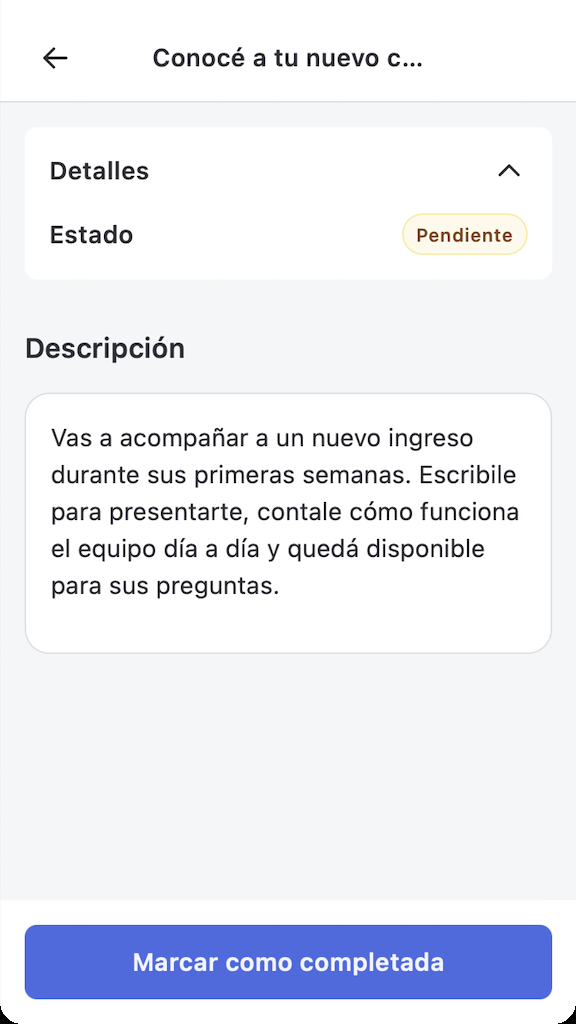 Detalle de la tarea de buddy en la app con el botón Marcar como completada