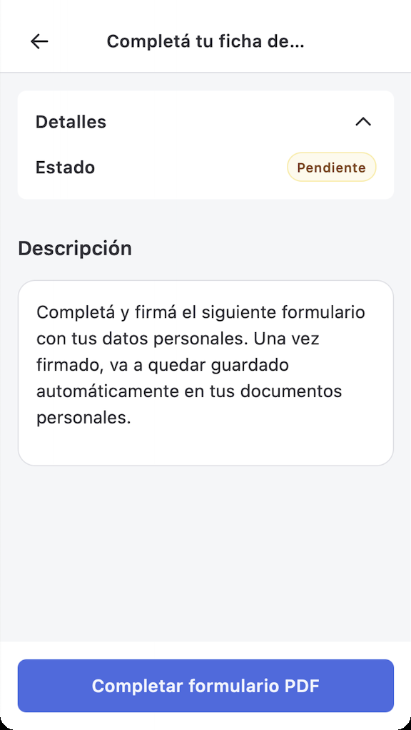 Detalle de una tarea de tipo Formulario PDF en la app