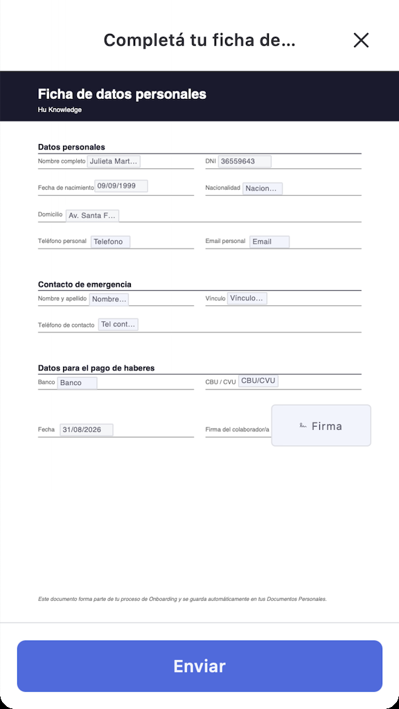 Formulario PDF en la app con campos autocompletados y campo de firma
