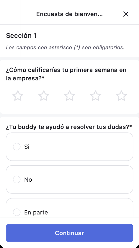 Preguntas de un cuestionario de Onboarding en la app