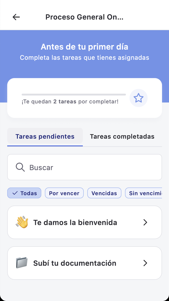 Listado de tareas pendientes dentro de un paso, en la app
