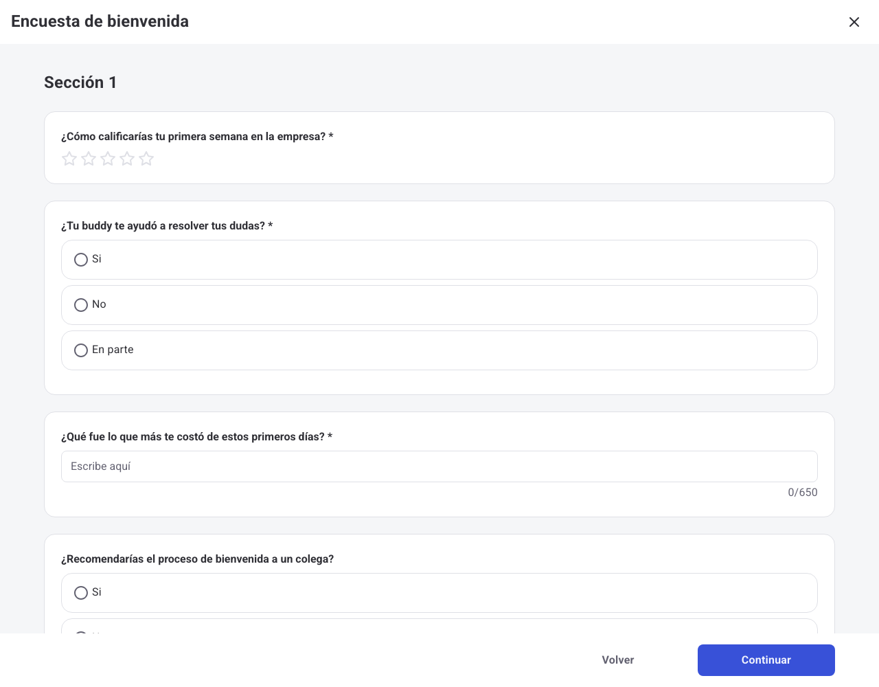 Preguntas de un cuestionario de Onboarding con distintos tipos de respuesta