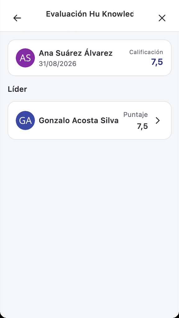 Pantalla de resultados en la app con la calificación final y la evaluación del líder