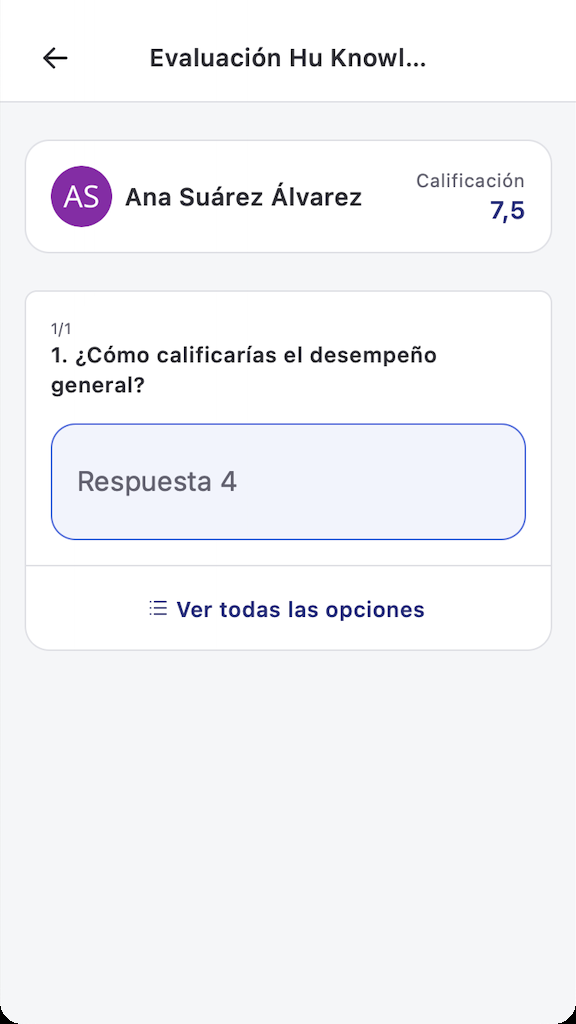 Detalle de la evaluación del líder en la app con la respuesta seleccionada