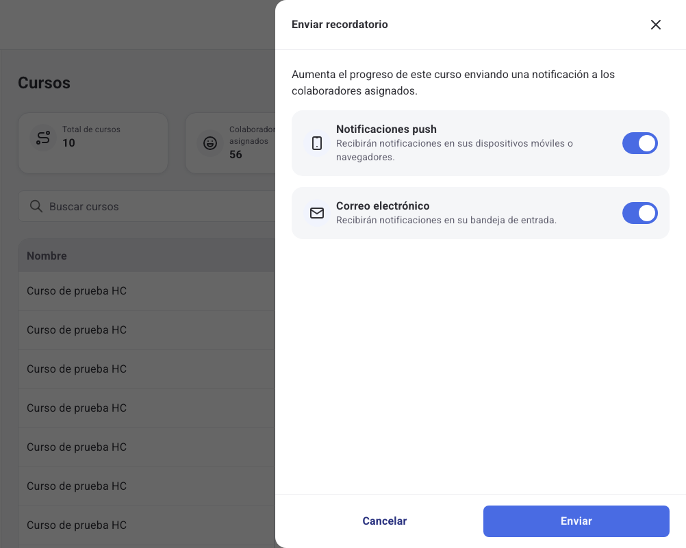 Modal Enviar recordatorio con los canales Notificaciones push y Correo electrónico activados