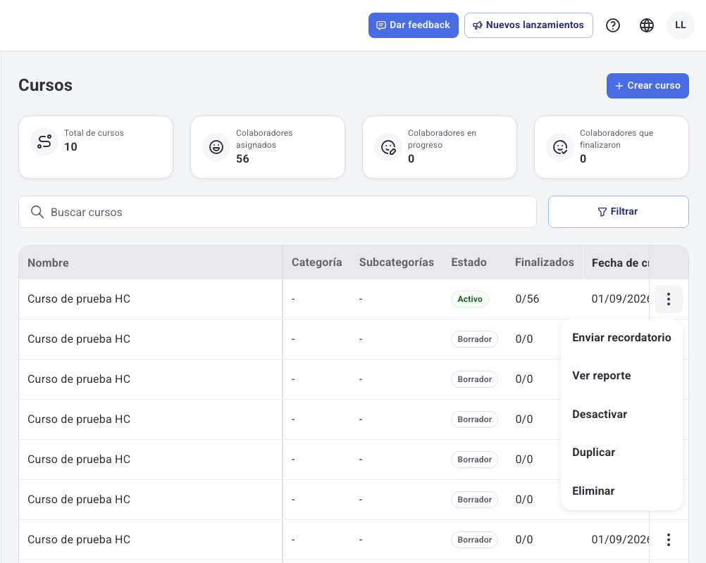 Menú de acciones de un curso con la opción Enviar recordatorio