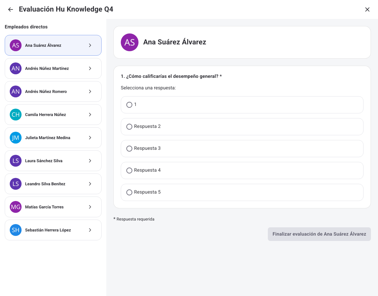 Formulario de evaluación de un colaborador en la web, con preguntas y botón Finalizar evaluación