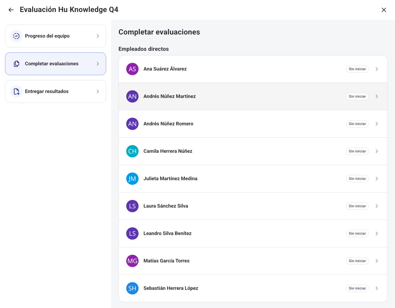 Listado de empleados directos pendientes de evaluar en la web