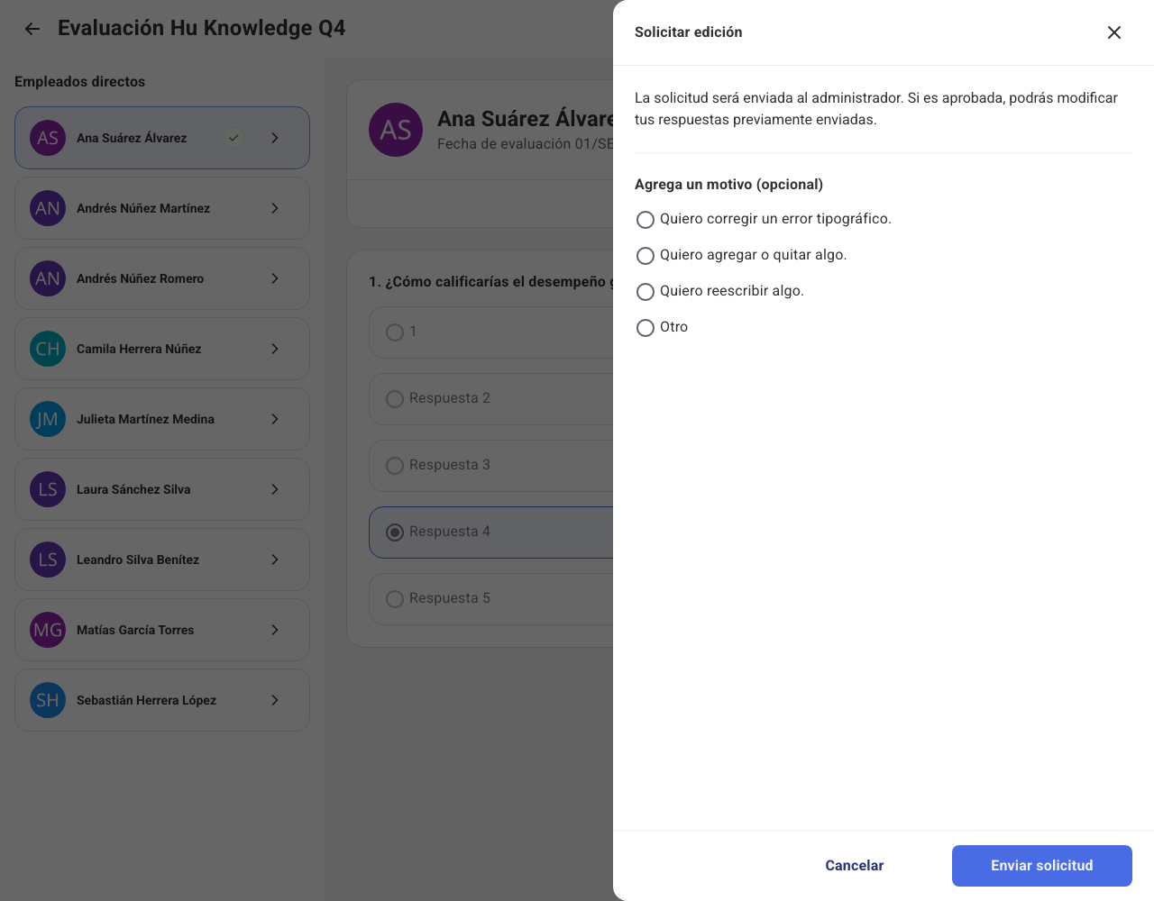 Modal para solicitar edición con motivos predefinidos y botón Enviar solicitud