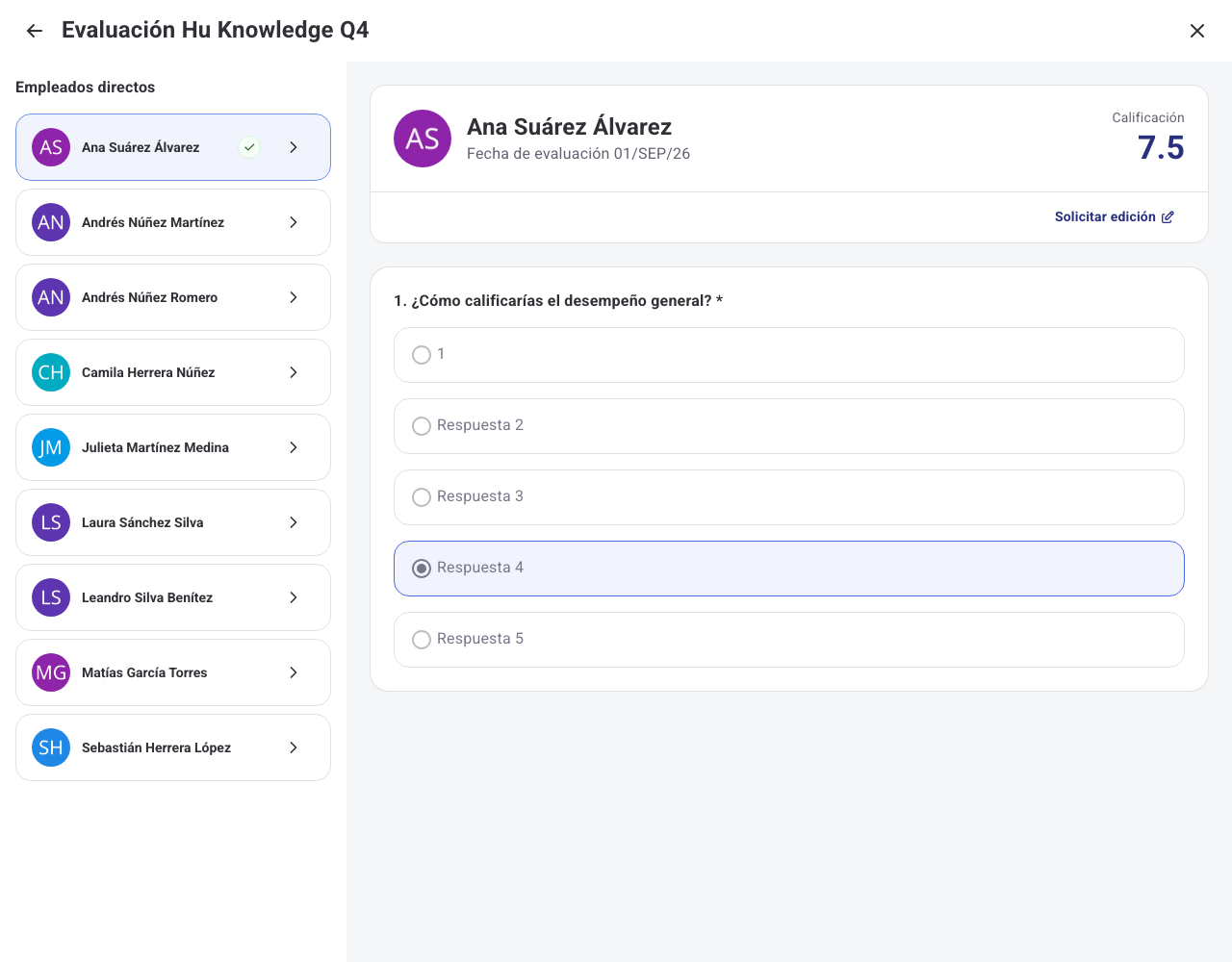 Evaluación ya finalizada con el link Solicitar edición junto a la calificación