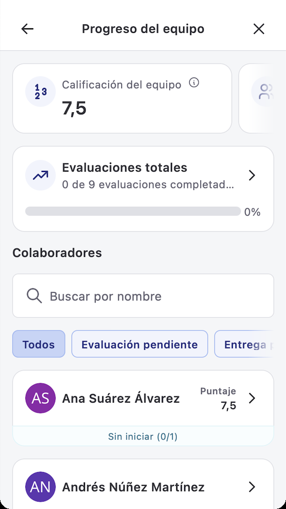 Pantalla Progreso del equipo en la app, con calificación del equipo y listado de colaboradores