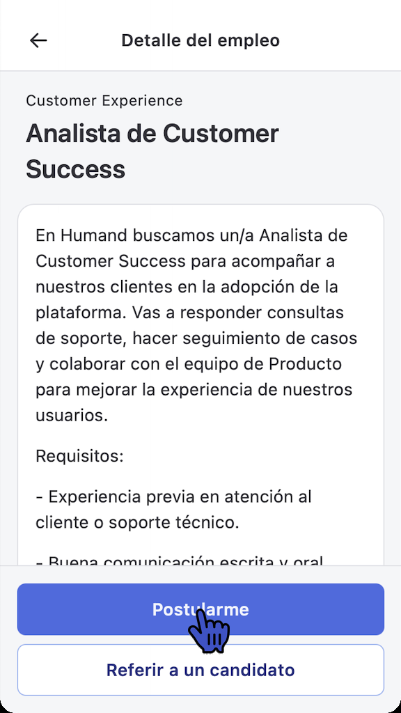 Detalle de un empleo en la Mini App Empleos con el botón Postularme