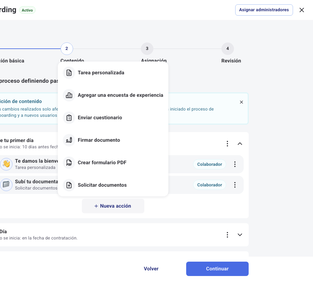 Menú de tipos de acción disponibles al crear una nueva acción dentro de un paso de Onboarding