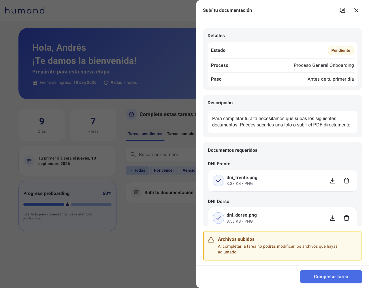 Tarefa de pedido de documentos com dois ficheiros já carregados, pronta para concluir