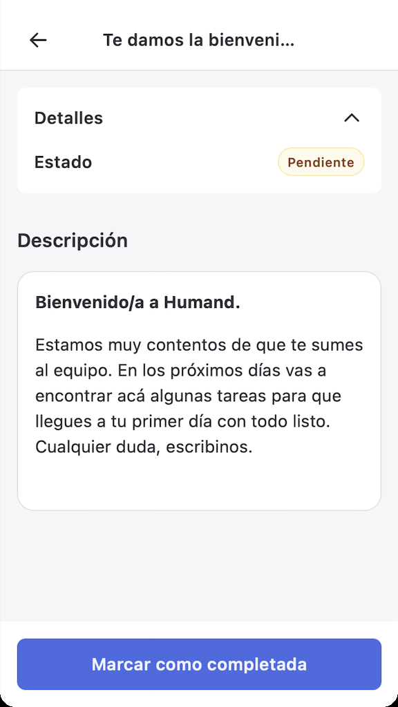 Detail of a general task in the app with its description and the Mark as completed button