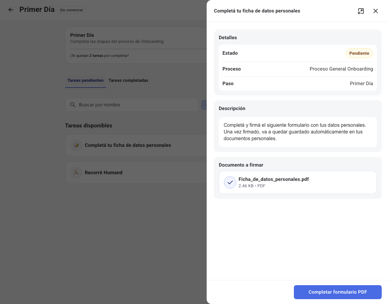 Detalhe de uma tarefa do tipo Formulário PDF com o documento para assinar