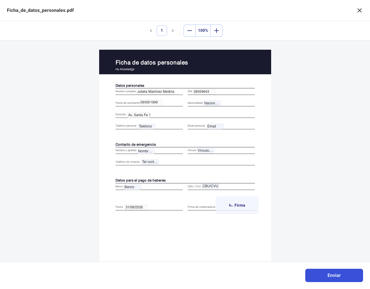 Formulário PDF com campos preenchidos automaticamente com dados do perfil do colaborador e campo de assinatura