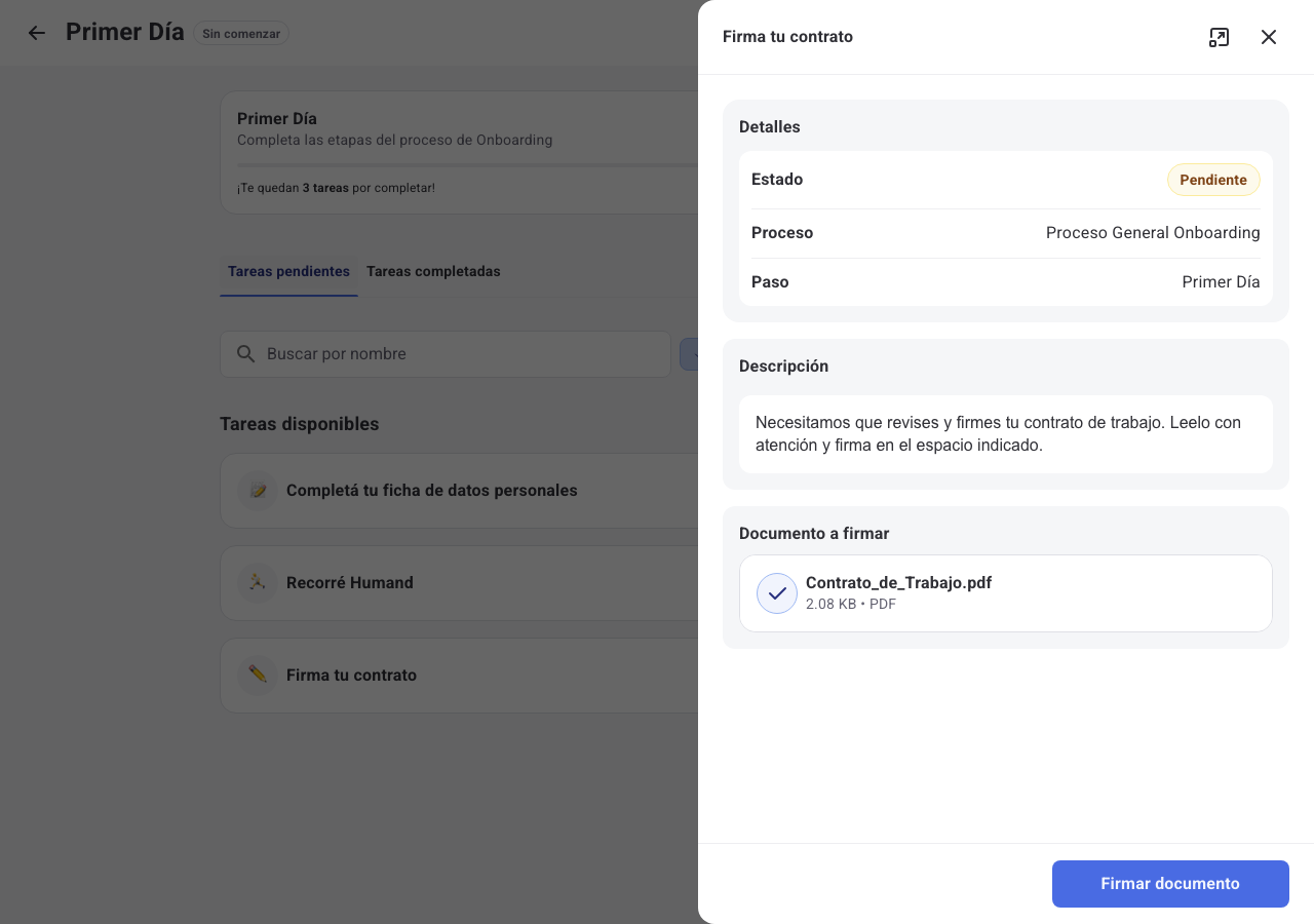 Details of a document signature task in Onboarding, with the document to sign and the Sign Document button