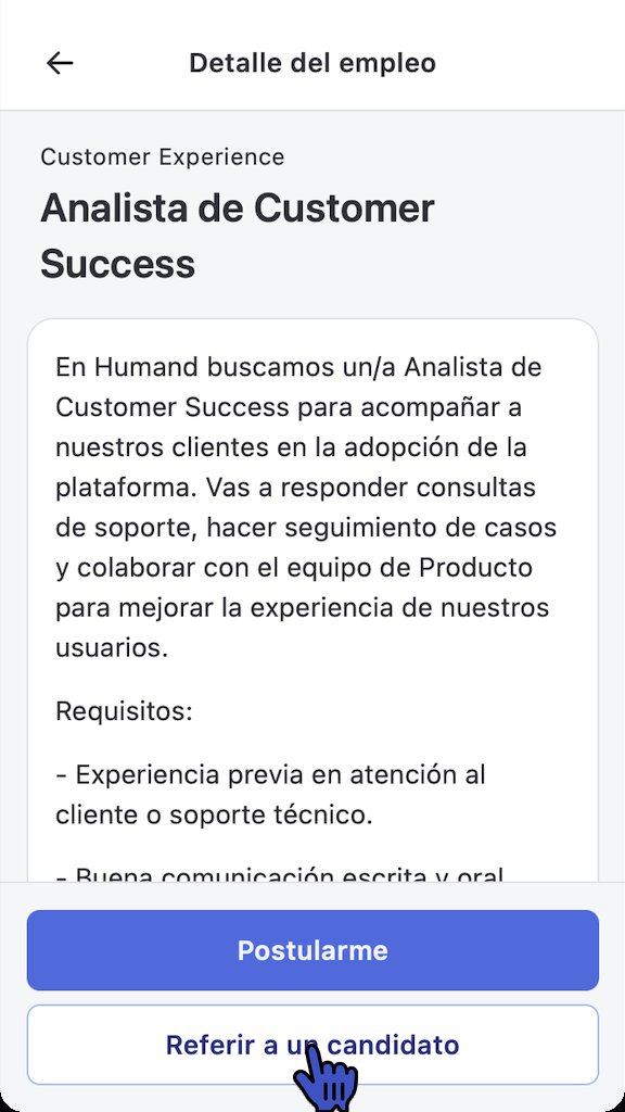 Detalhe de um emprego na Mini App Empregos com o botão Recomendar candidato