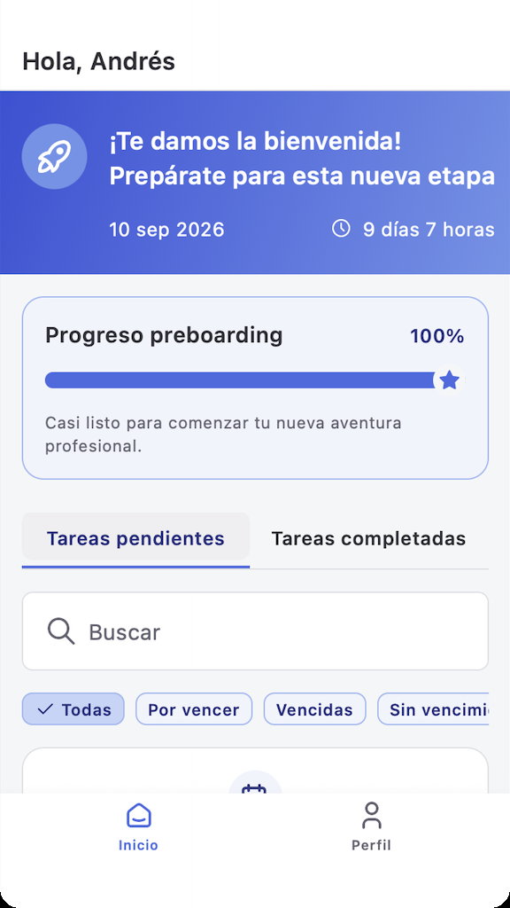 Ecrã inicial de Pré-boarding na app, com contagem decrescente e progresso