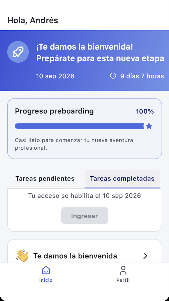 Ecrã de Pré-boarding com progresso a 100% e botão Entrar desativado até à data de entrada