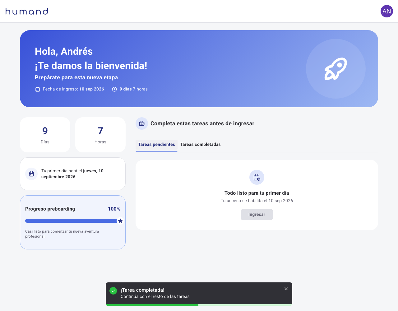 Ecrã de Pré-boarding com progresso a 100% e botão Entrar desativado