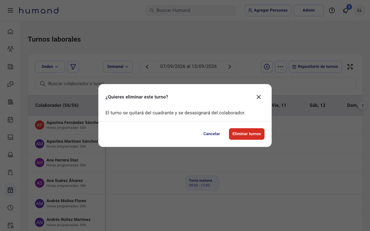 Modal de confirmación para eliminar un turno