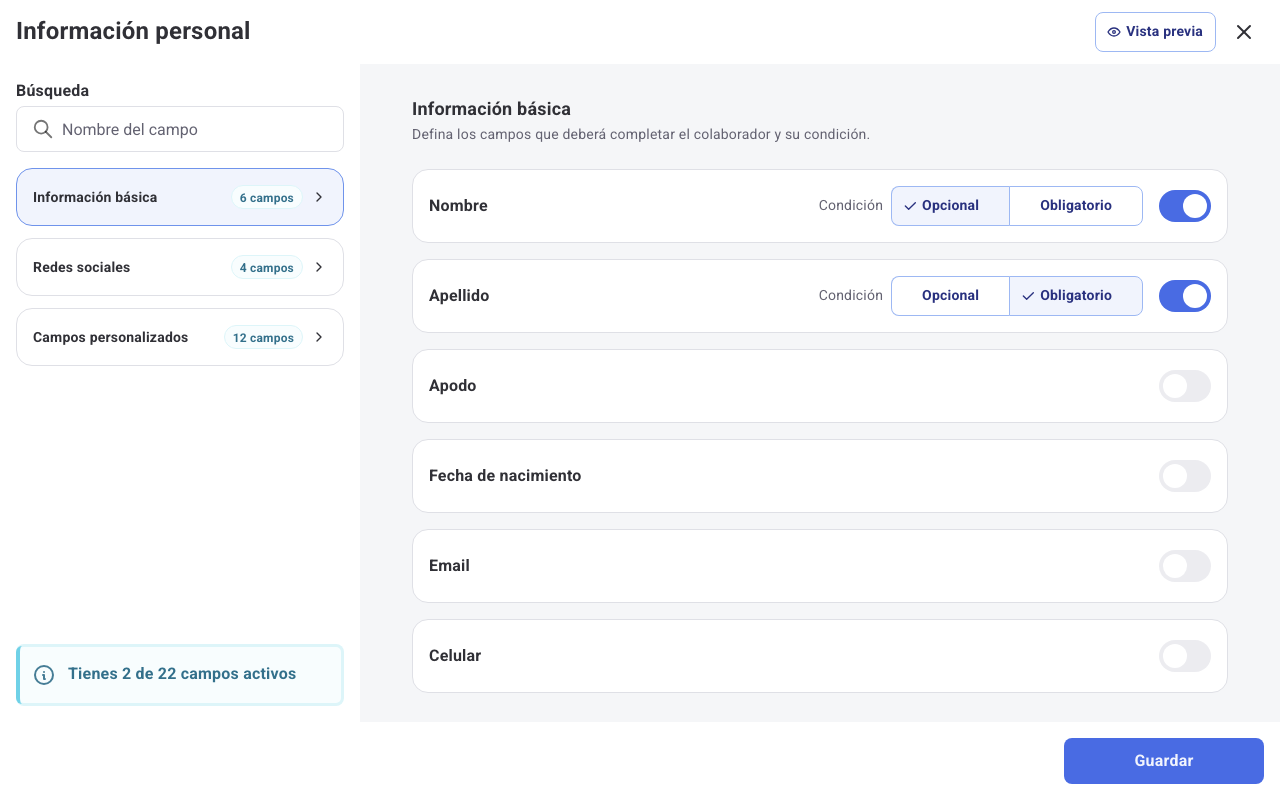 Campos Nombre y Apellido activados, con Apellido configurado como Obligatorio