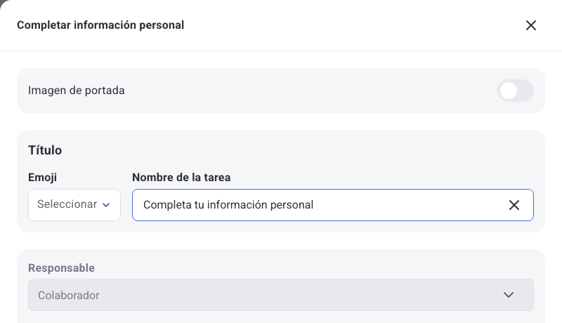 Panel de configuración de la acción Completar información personal, con título, responsable y descripción
