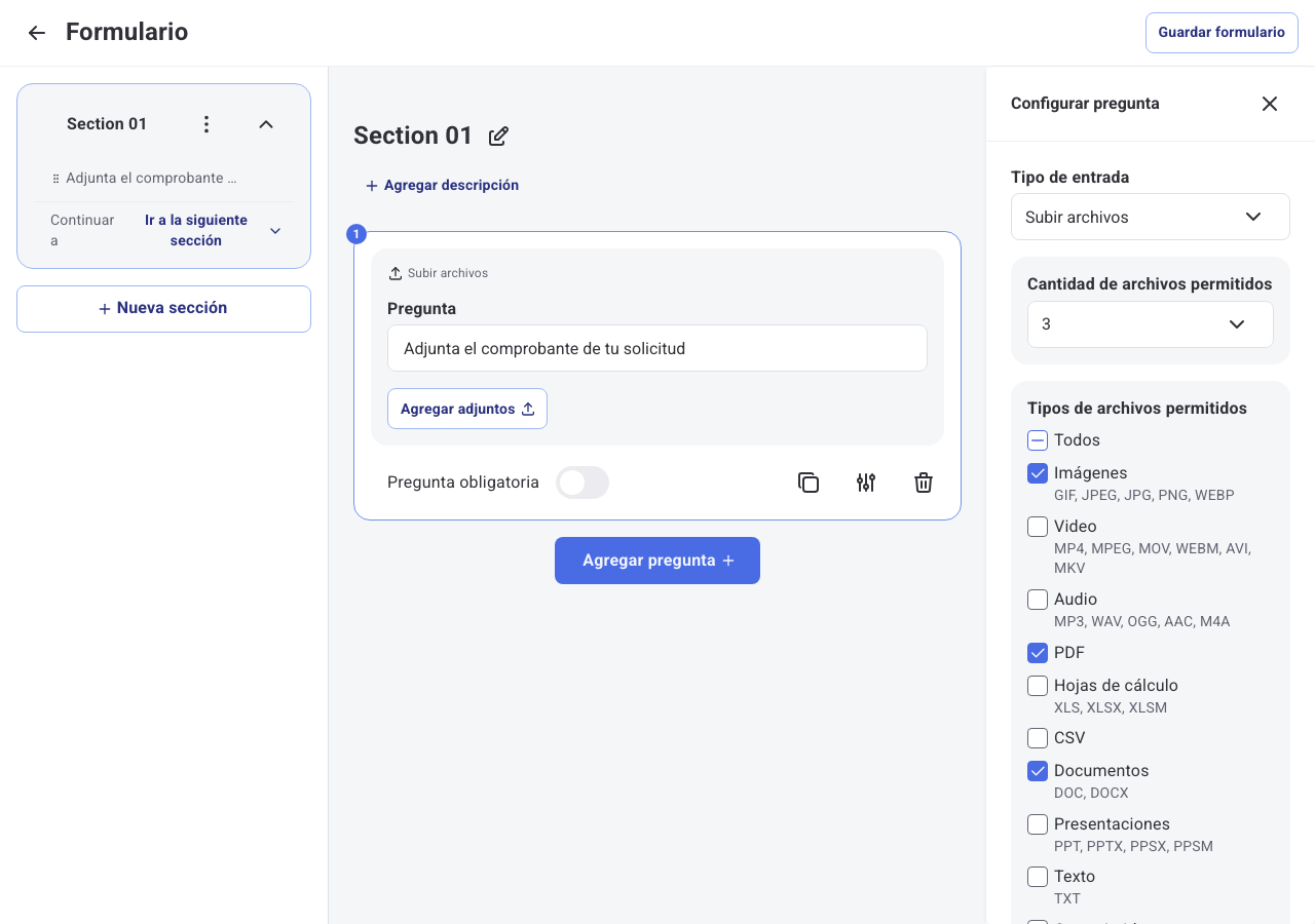 Panel Tipos de archivos permitidos con cantidad en 3 y los grupos Imágenes, PDF y Documentos seleccionados