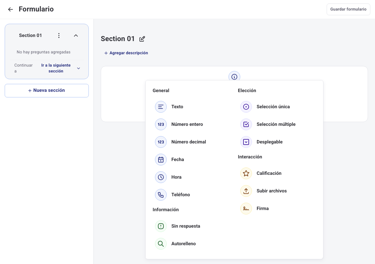 Selector de tipo de pregunta con la opción Subir archivos en el grupo Interacción