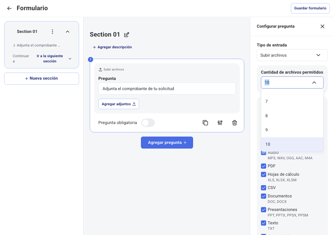 Desplegable Cantidad de archivos permitidos con opciones del 1 al 10