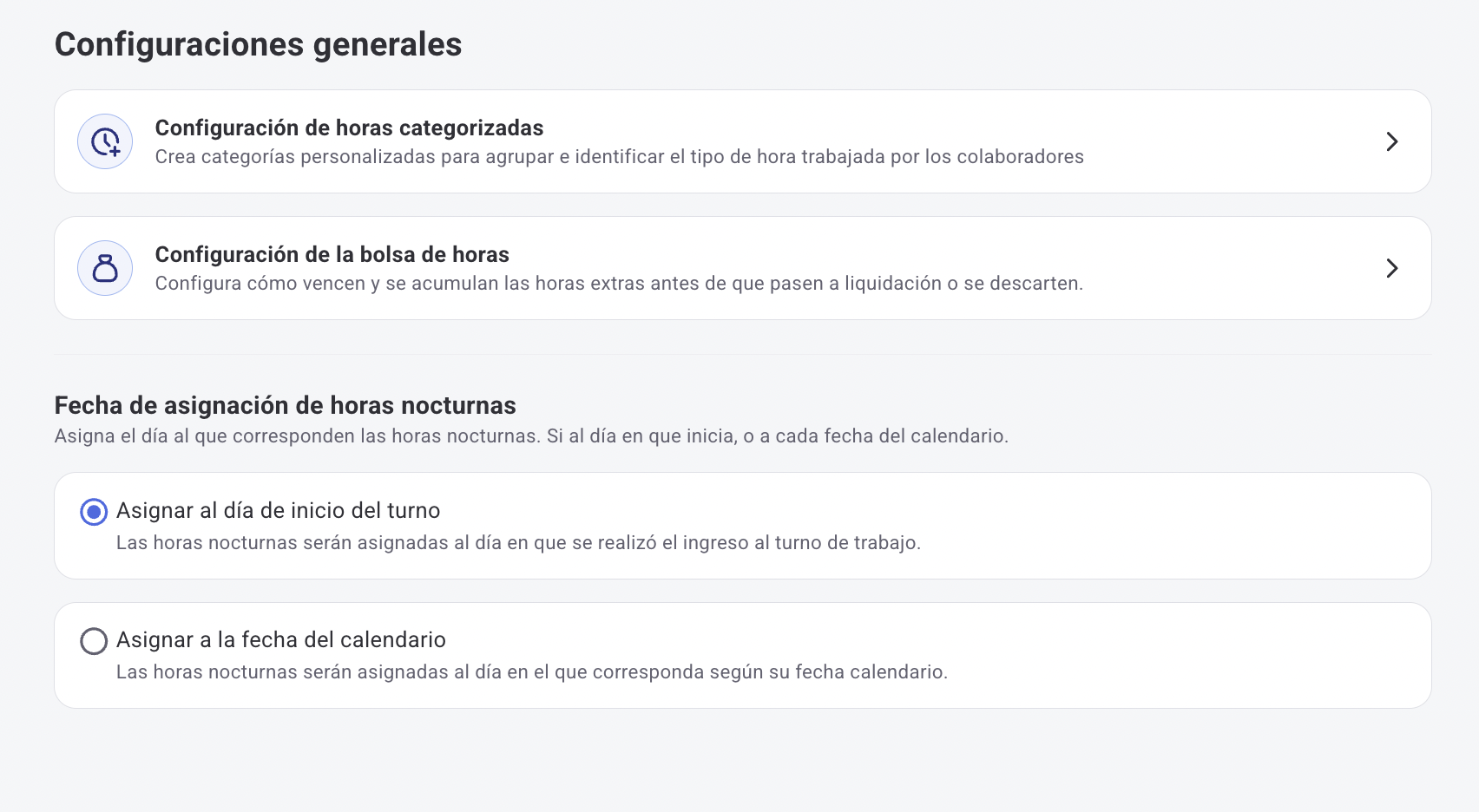 Configuración de la bolsa de horas apagada, con el enlace a Políticas de marcaje y Vacaciones y Permisos
