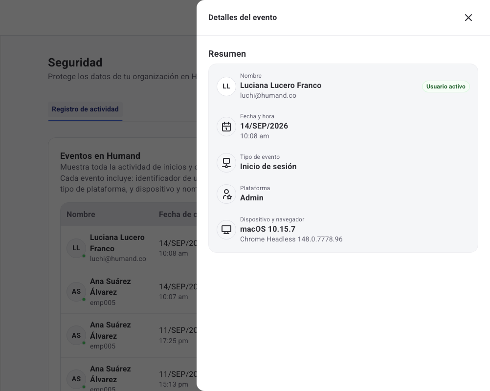 Panel de detalle de un evento de seguridad con su resumen