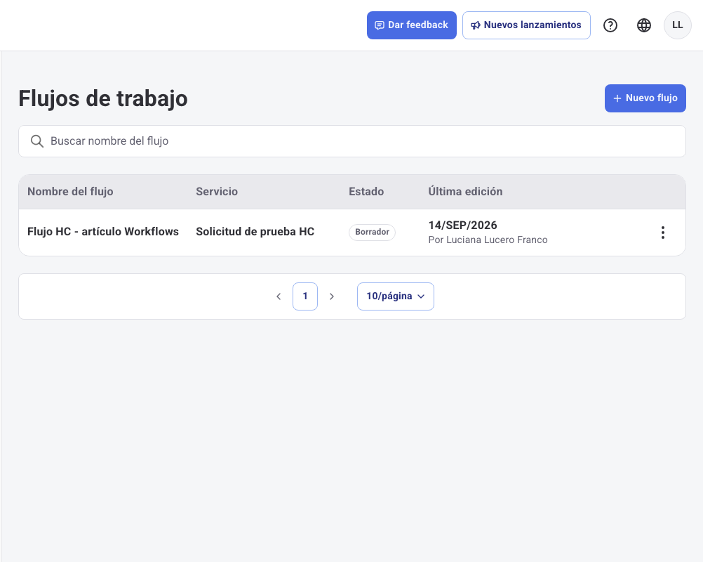 Tabla de flujos de trabajo con la columna Servicio mostrando el servicio disparador