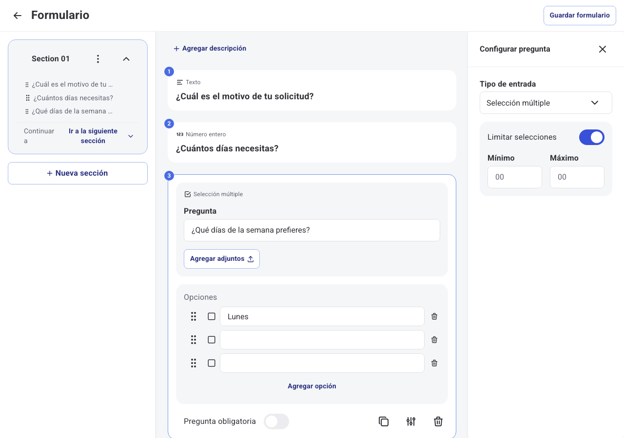 Panel Configurar pregunta con Limitar selecciones activado para una pregunta de tipo Selección múltiple