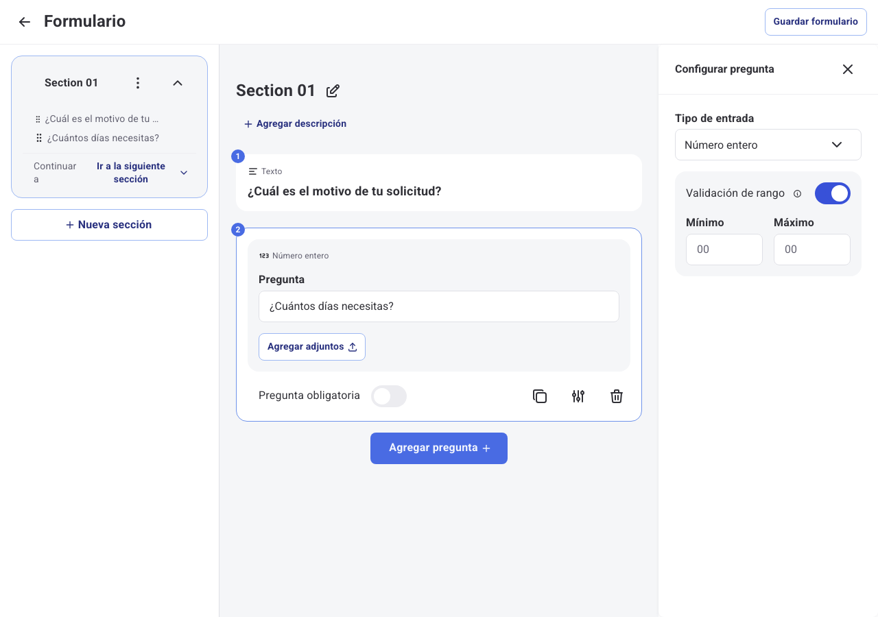 Panel Configurar pregunta con Validación de rango activada para una pregunta de tipo Número entero