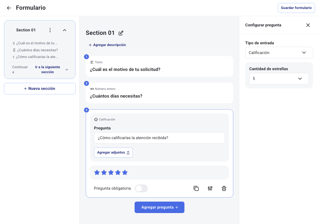 Panel Configurar pregunta con la Cantidad de estrellas para una pregunta de tipo Calificación