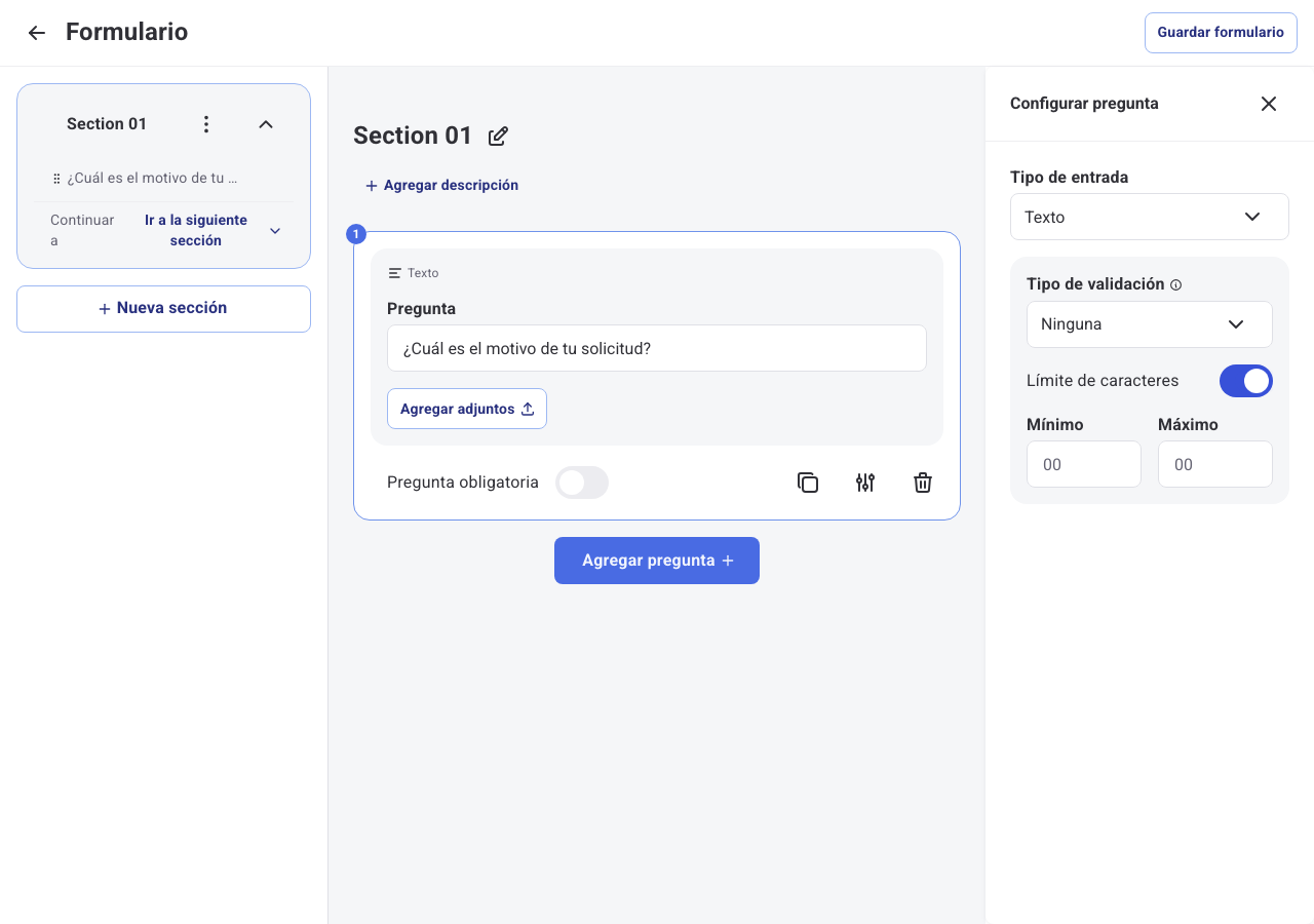 Panel Configurar pregunta con tipo de validación Texto A-Z y límite de caracteres activado