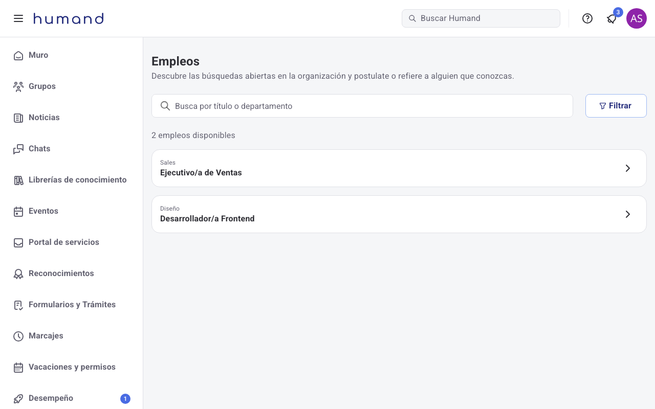 Listado de empleos disponibles en Humand Web con buscador y filtro por departamento