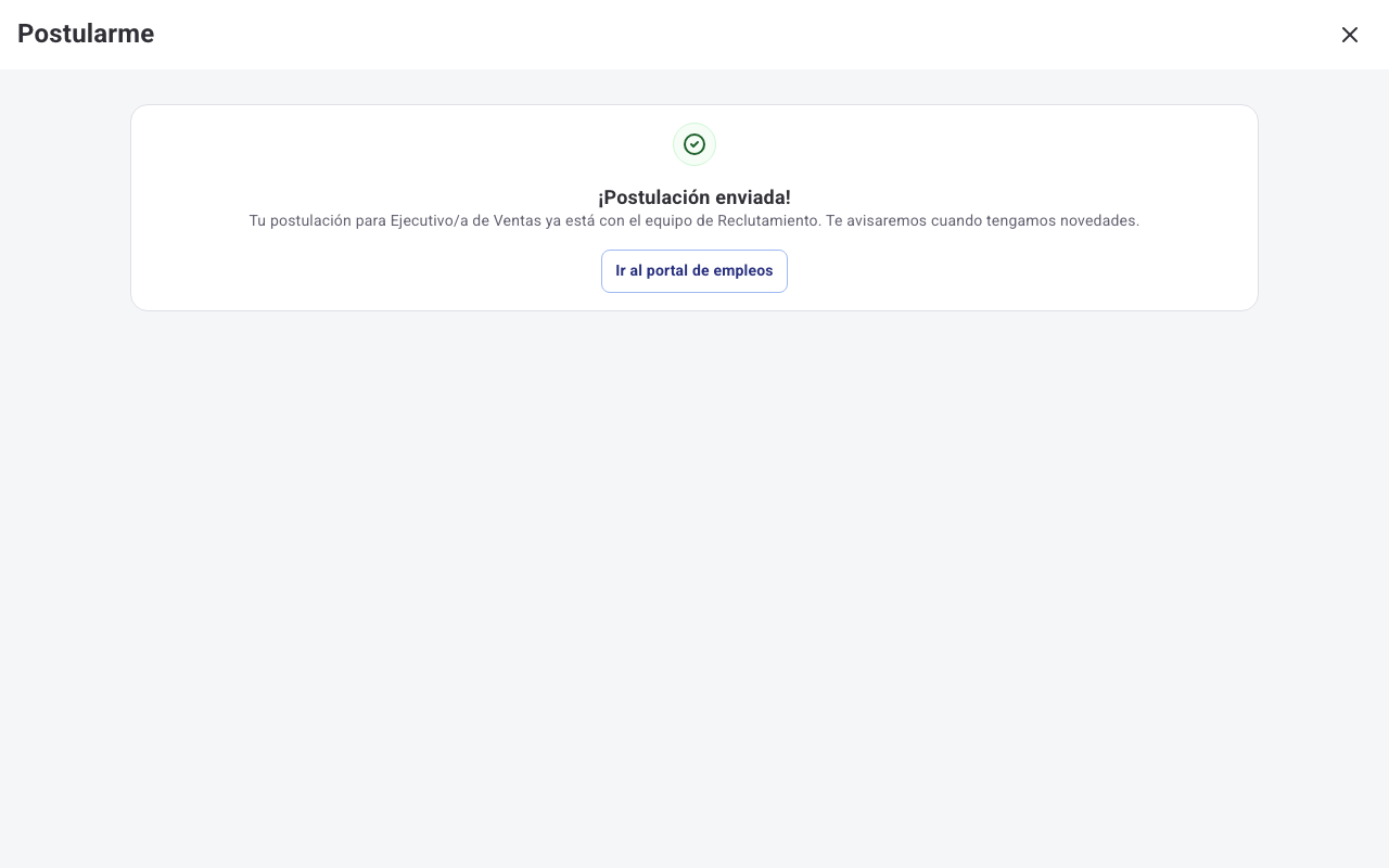 Pantalla de confirmación de postulación enviada en Humand Web