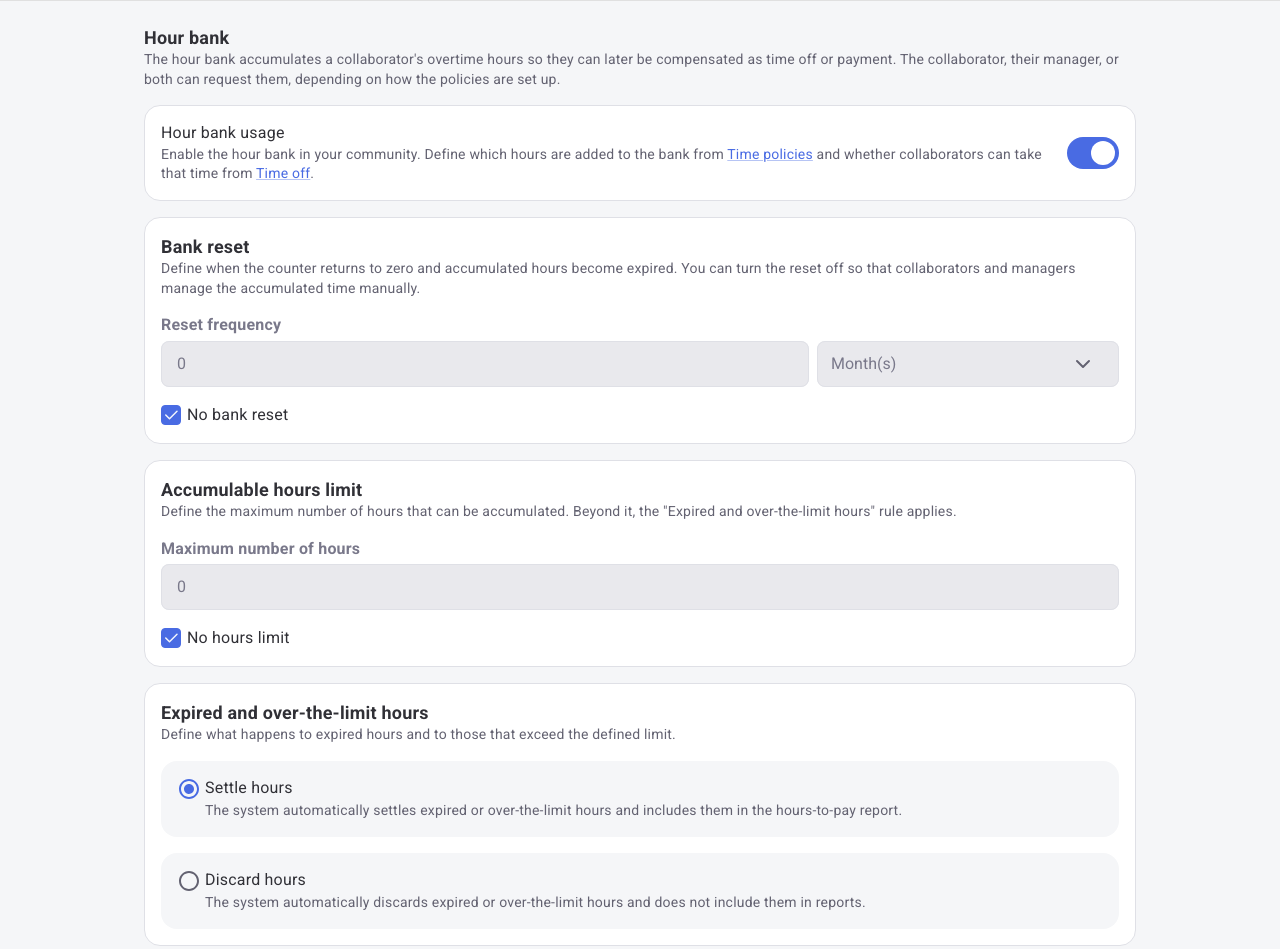 Hour bank settings screen with usage toggle, bank reset, accumulable hours limit, and the settle or discard rule for expired hours