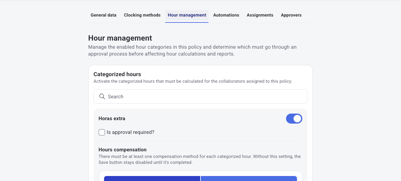 Compensation ranges for an hour category: 0 to 2 hours to the hour bank, and more than 2 hours to payroll payment
